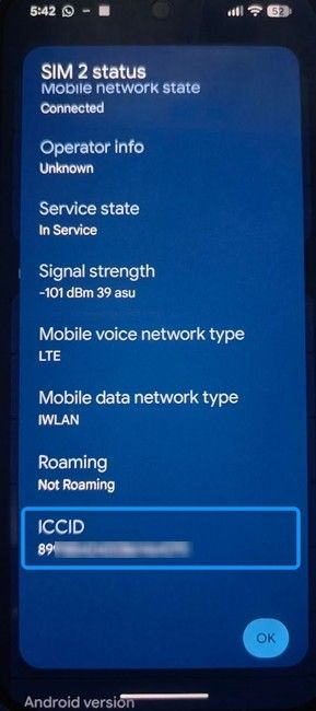 Android sim status page with ICCID number