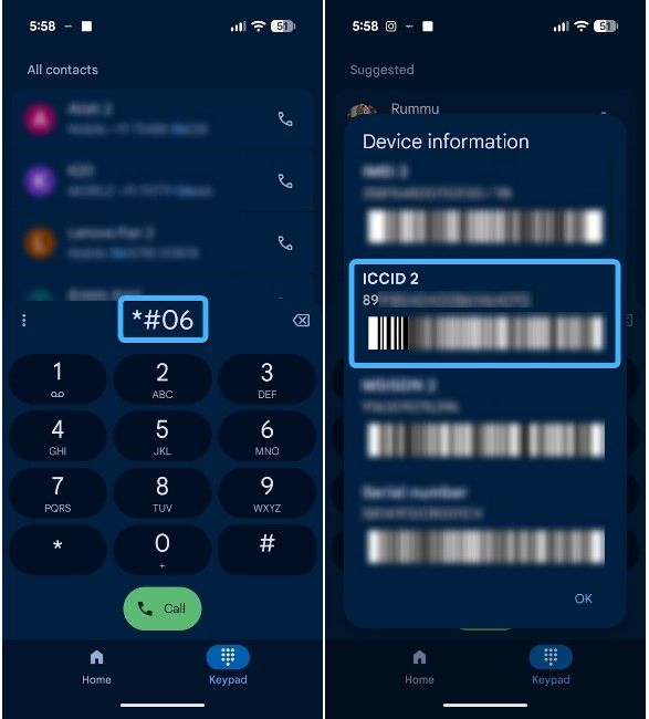 ICCID number pop up via phone app