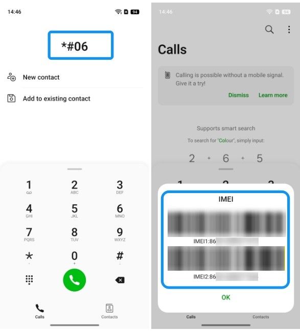 Realme Dialer with code and IMEI information