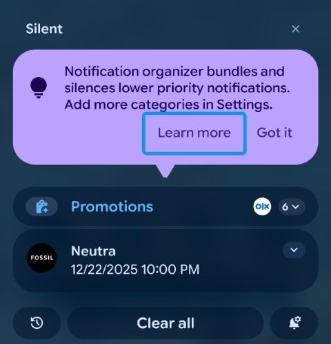 Notification organiser learn more option