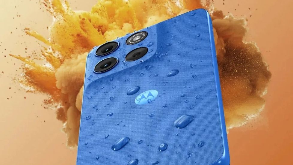 Motorola G57 Power in blue with water droplets on the back