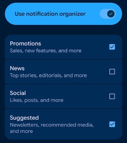 Notification organiser selecting categories