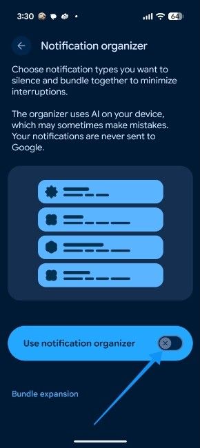 Use notification organiser toggle