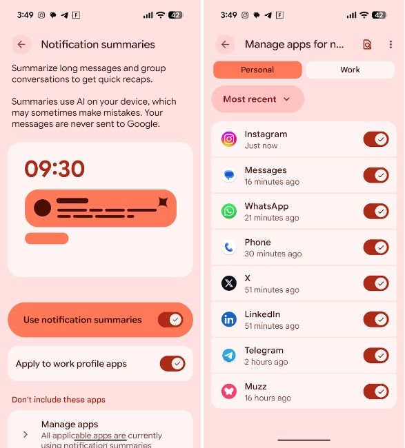 Notification summaries on phone