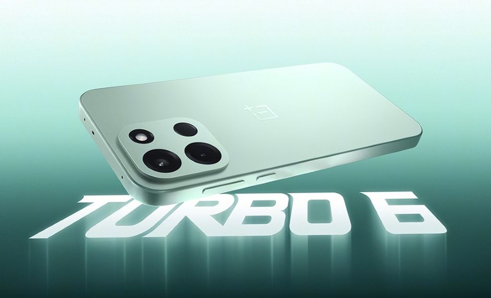 OnePlus Turbo 6 smartphone from the back in Turquoise colourway