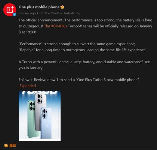 OnePlus on Weibo with information on OnePlus Turbo 6 series