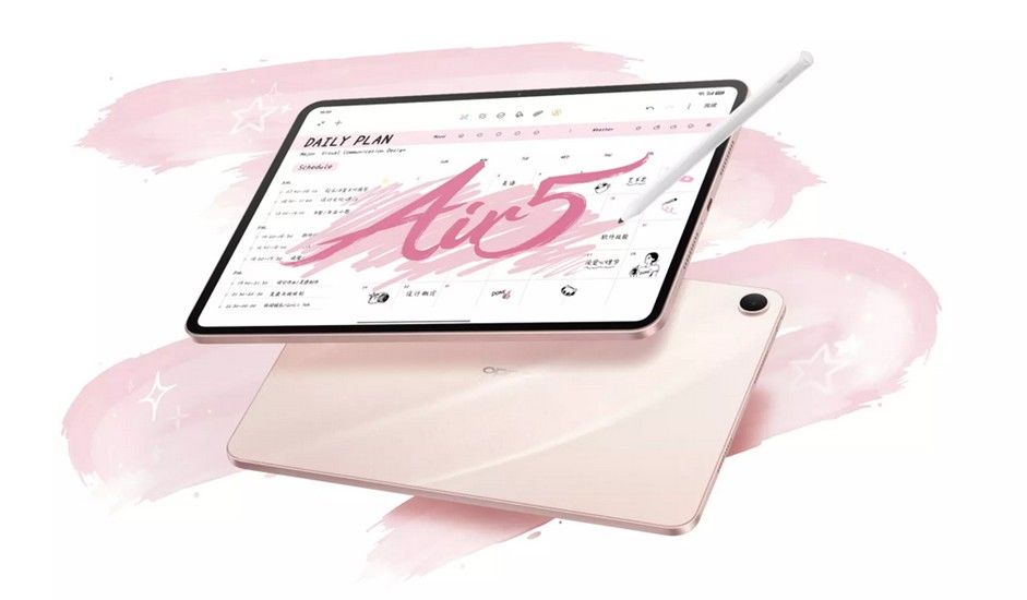 Oppo Pad Air 5 from the front in Pink with a stylus Oppo Pad Air 5 from the front in Pink with a stylus