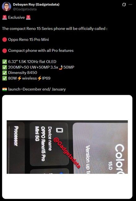 Oppo Reno 15 Pro Mini key specifications Debayan Roy on X