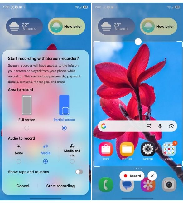 Partial screen recording in One UI 8.5 in action