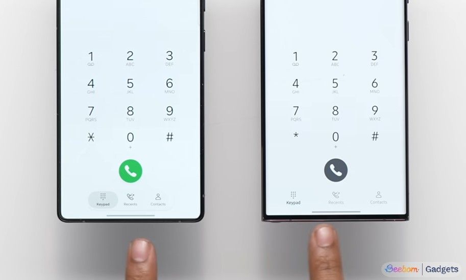 Samsung One UI 8.5 phone app with pill-shaped floating navigation bar