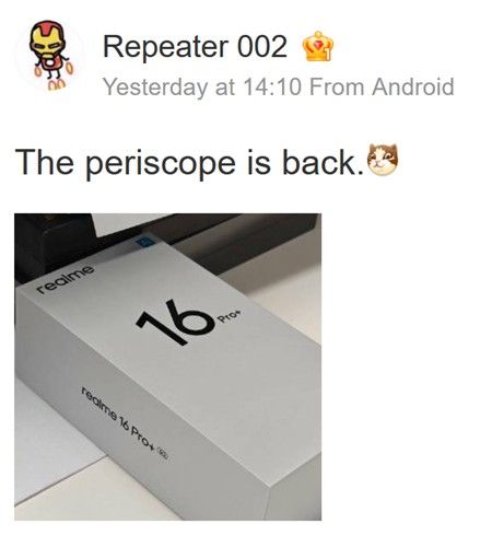 Weibo user Repeater with information about Realme 16 Pro+