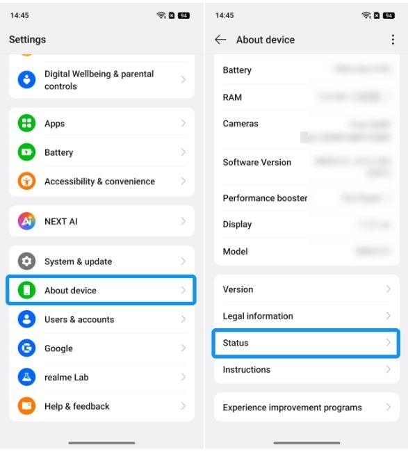 Realme Settings page with About Device and Status