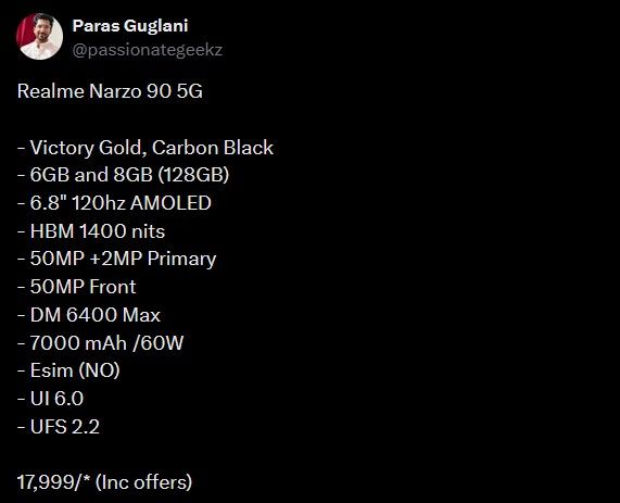 information about Realme Narzo 90 on X by Para Guglani information about Realme Narzo 90 on X by Para Guglani
