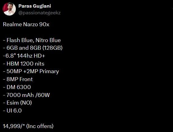 information about Realme Narzo 90x on X by Para Guglani information about Realme Narzo 90x on X by Para Guglani