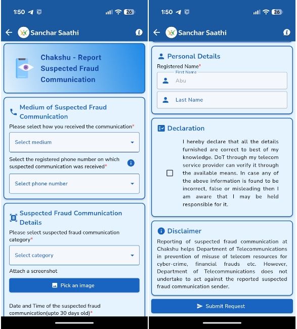 Sanchar Saathi Chakshu and KYM page Sanchar Saathi Chakshu and KYM page
