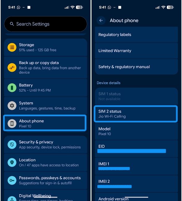 Android about phone settings page and sim status