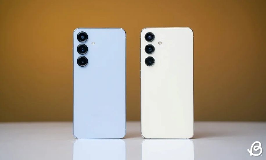 Samsung Galaxy S25 and S24 side by side in blue and amber colourways