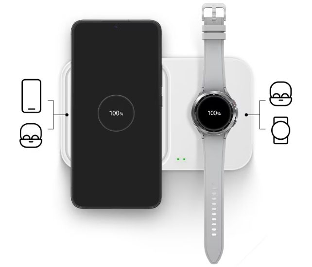 Samsung wireless duo charger with phone and watch placed Samsung wireless duo charger with phone and watch placed