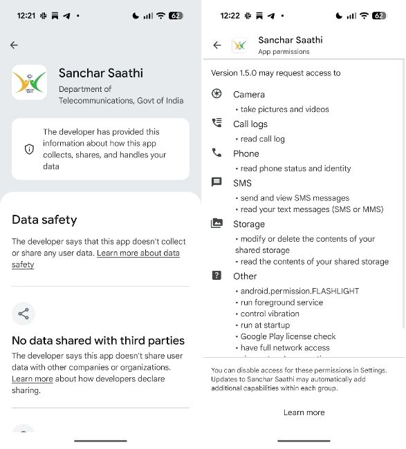 Sanchar Saathi play store listing with permissions information Sanchar Saathi play store listing with permissions information