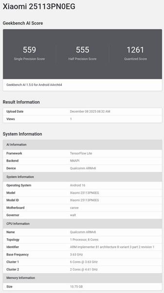 Xiaomi 17 global variant on Geekbench with AI scores Xiaomi 17 global variant on Geekbench with AI scores