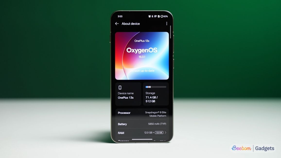 OnePlus 13s software About page shown against a green background OnePlus 13s software About page shown against a green background