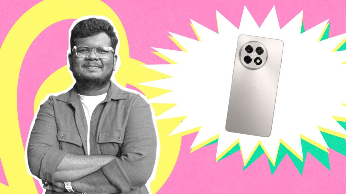 shot of Abubakar Mohammed next to the OnePlus 13 mockup