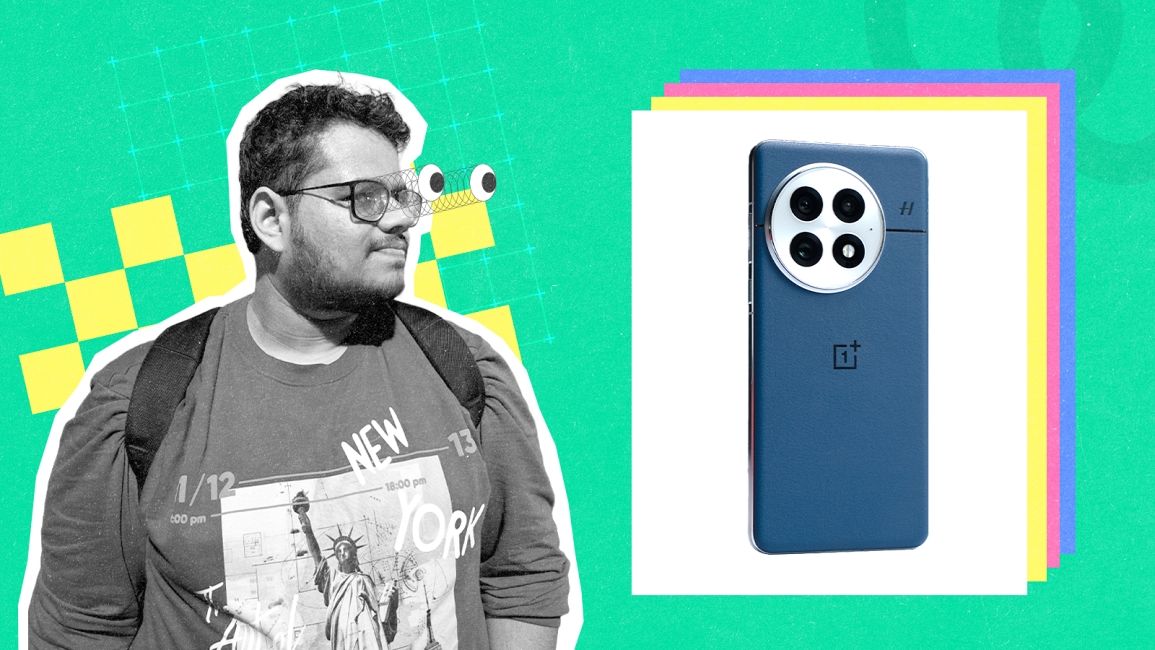 shot of Anshuman Jain next to the OnePlus 13R mockup