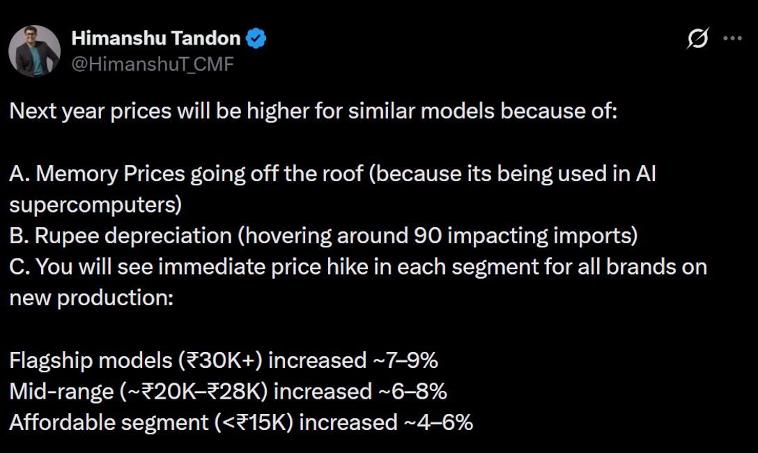 CMF India VP Hints at Smartphone Price Hike in India next Year
