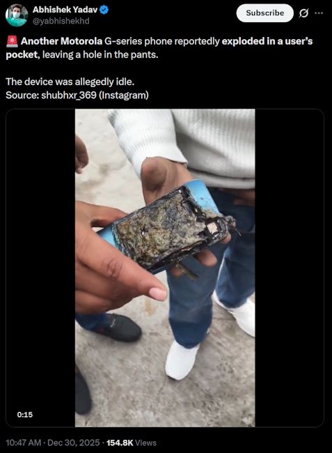 Motorola phone catches fire and explodes inside a man's pant