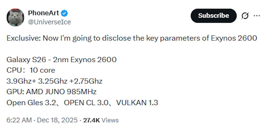 Screenshot of X post leaking Exynos 2600 specifications Screenshot of X post leaking Exynos 2600 specifications