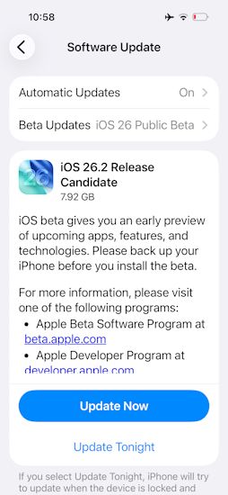 Screenshot of the iOS 26.2 Release Candidate update page Screenshot of the iOS 26.2 Release Candidate update page