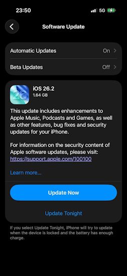 iOS 26.2 stable update page iOS 26.2 stable update page