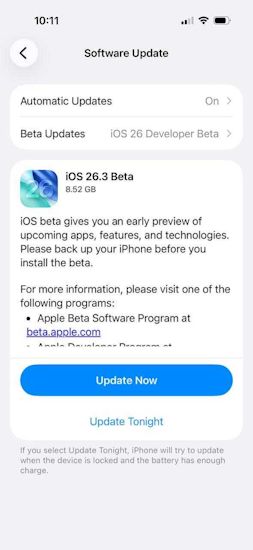 iOS 26.3 Beta 1 update page