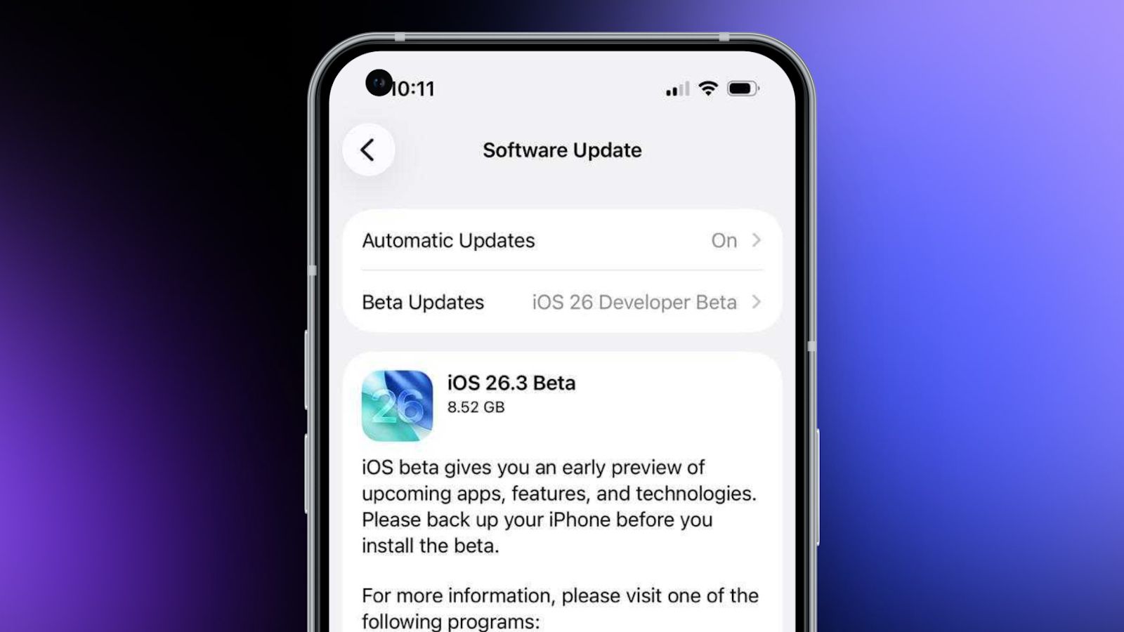 iOS 26.3 Beta 1 update page