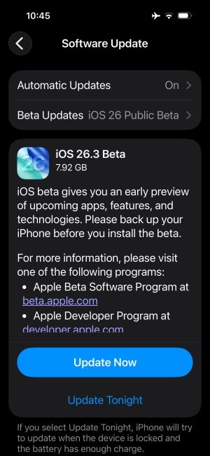 iPhone screenshot showing the iOS 26.3 update screen
