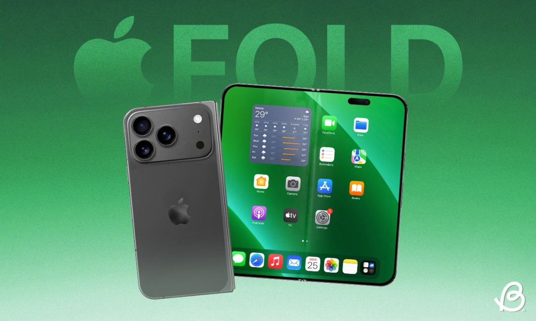 illustration of a iPhone Fold folded and unfolded in front of a green background illustration of a iPhone Fold folded and unfolded in front of a green background
