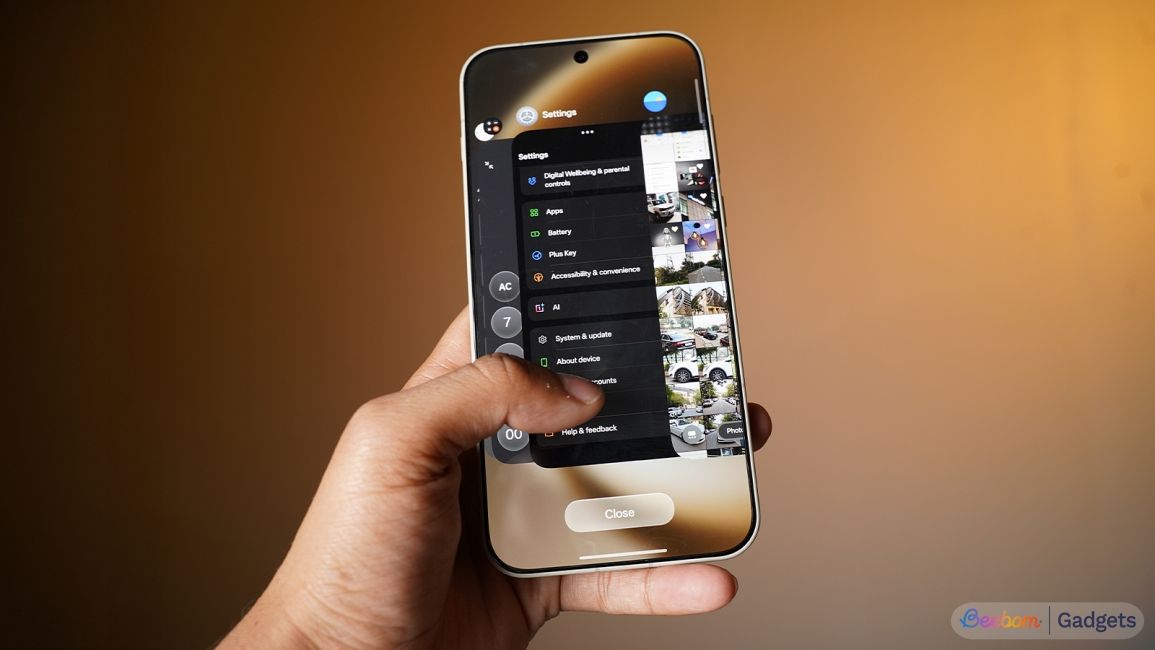 OnePlus recents menu with glass-like elements