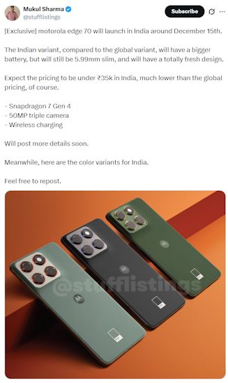 Screenshot of Motorola Edge 70 India launch date, price, colours and more details tipped on X post