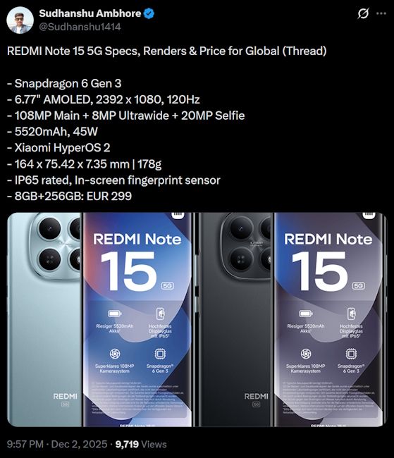 Redmi Note 15 specs, price and design leak
