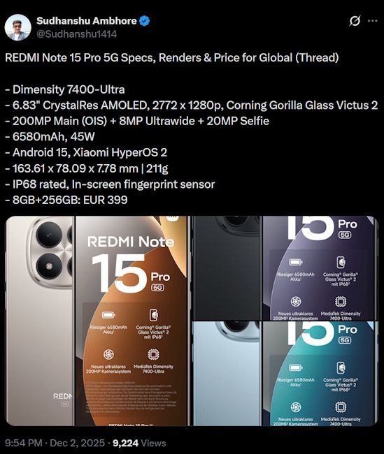 Redmi Note 15 Pro specs, price and design leak