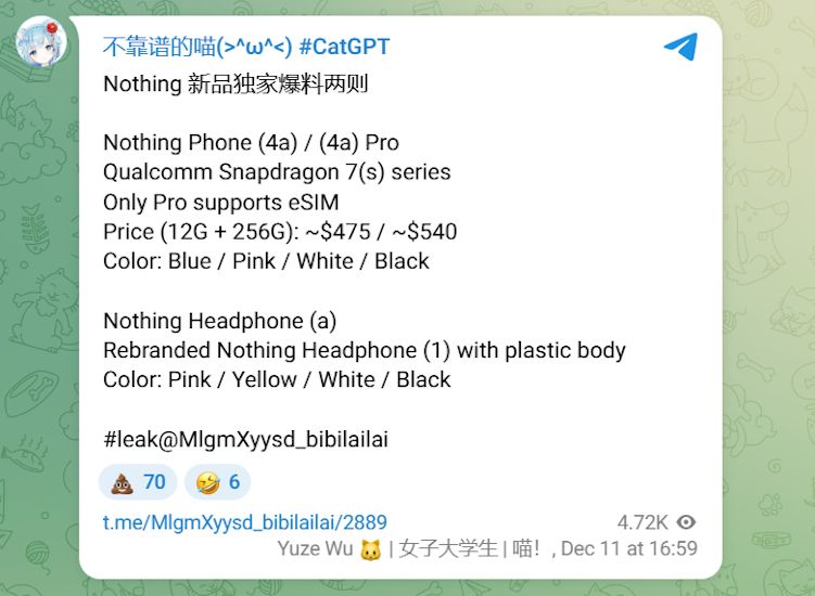 Nothing Phone (4a) and Phone (4a) Pro leaked details screenshot on Telegram Nothing Phone (4a) and Phone (4a) Pro leaked details screenshot on Telegram