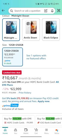 Screenshot of OnePlus 13 deal on Amazon