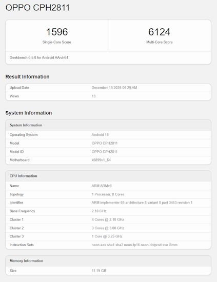 Screenshot of the Oppo Reno 15 Pro Max Geekbench listing