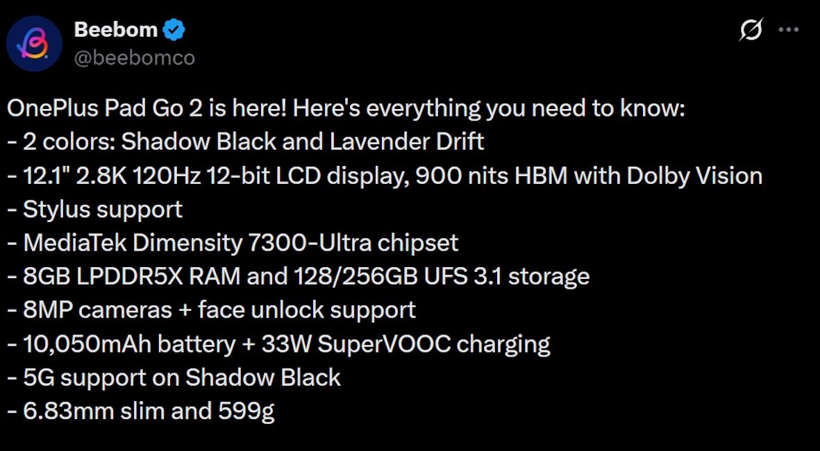 OnePlus Pad Go 2 key details OnePlus Pad Go 2 key details