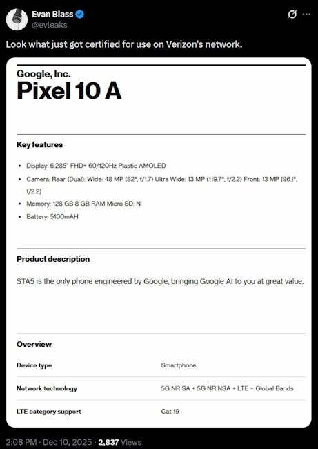Pixel 10a Verizon listing spotted Pixel 10a Verizon listing spotted