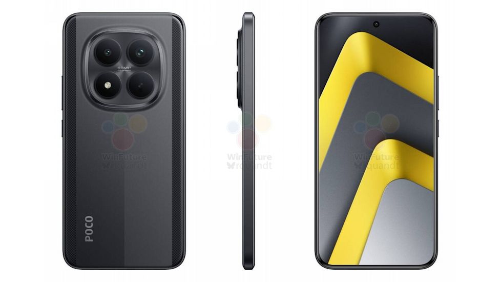 Poco M8 Pro front, back and side design renders in black colour option Poco M8 Pro front, back and side design renders in black colour option