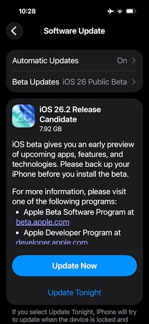 iOS 26.2 Release Candidate 2 update iOS 26.2 Release Candidate 2 update