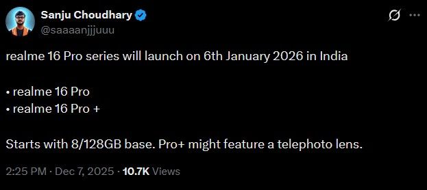 Sanju Choudhary on X with realme 16 Pro information Sanju Choudhary on X with realme 16 Pro information