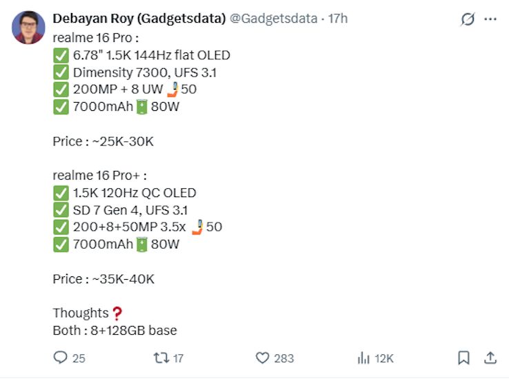 Screenshot of Realme 16 Pro and 16 Pro+ India pricing leak post on X