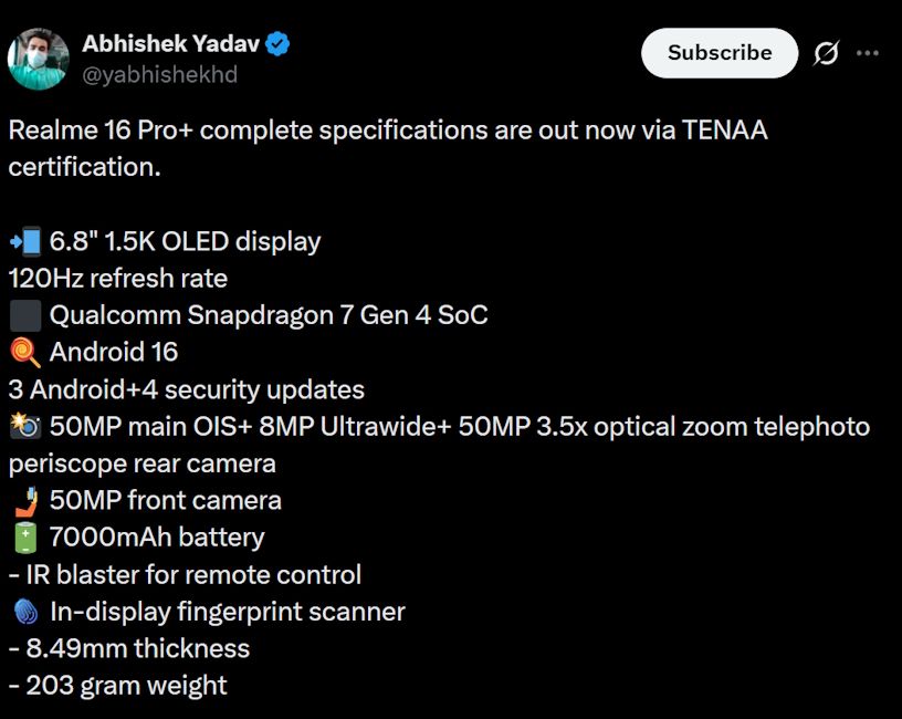 Realme 16 Pro+ specs leaked online Realme 16 Pro+ specs leaked online